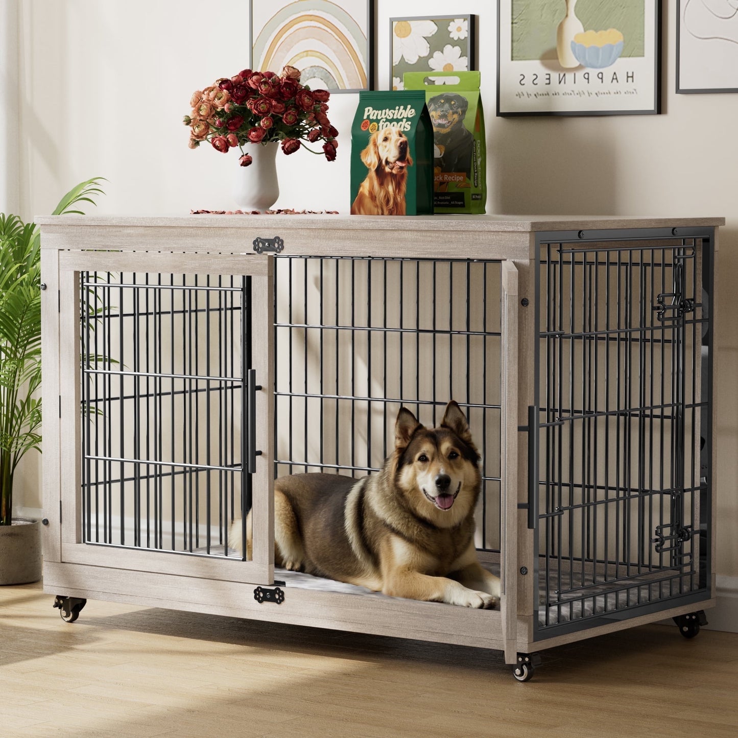 Laintene Dog Crate Furniture, Indoor Dog Kennels with Wheels and Pads, Pet House for XL Dogs, Gray