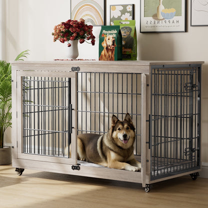 Laintene Dog Crate Furniture, Indoor Dog Kennels with Wheels and Pads, Pet House for XL Dogs, Gray