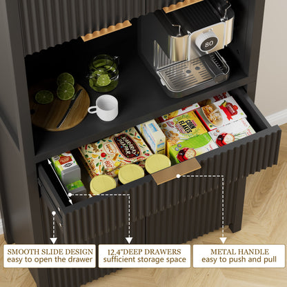 Laintene Pantry Storage Cabinet with Charging Station, Tall Kitchen Pantry with Microwave Shelves, Fluted Storage Cabinet with Open Countertop and Drawer for Dining Living Room, Black