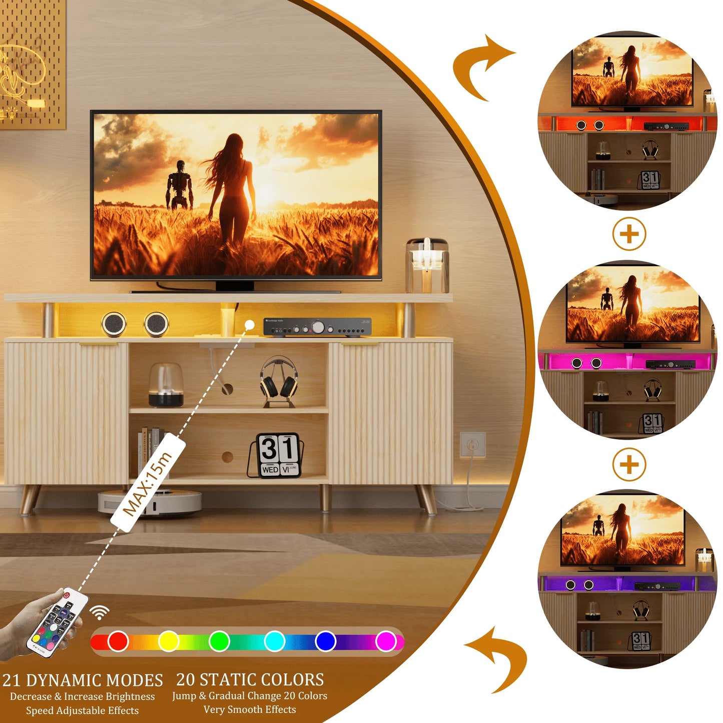 LainTene 65" Fluted LED TV Stand with Power Outlets - Modern Entertainment Center with Adjustable Shelves, Storage Cabinets & Ambient Lighting for Living Room, Natural Finish