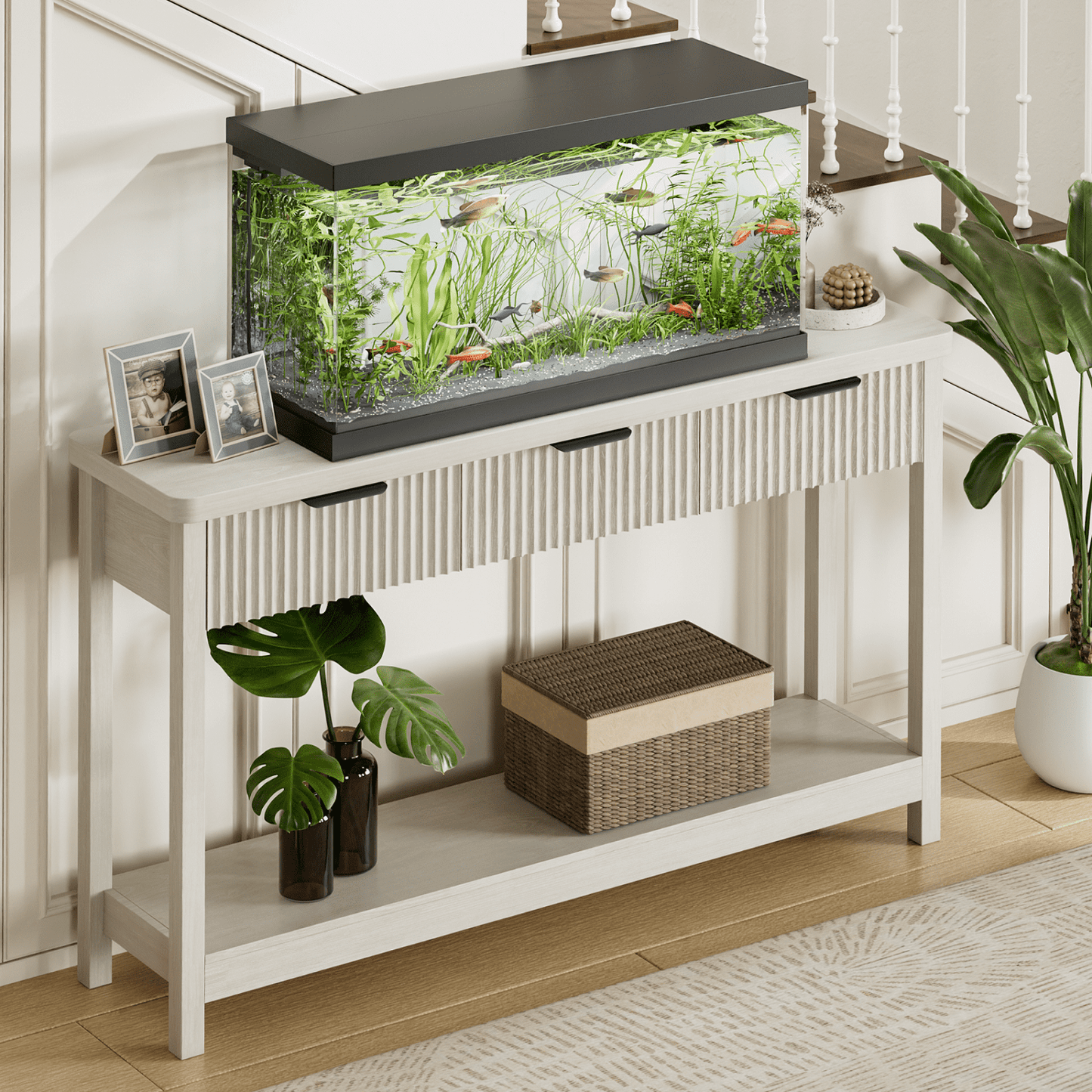 Laintene Fluted Console Table, 51" Narrow Entryway Table with 3 Drawers, Console Table Sofa Table with Storage Open Shelf, Modern Display Shelf for Hallway Living Room, White Oak
