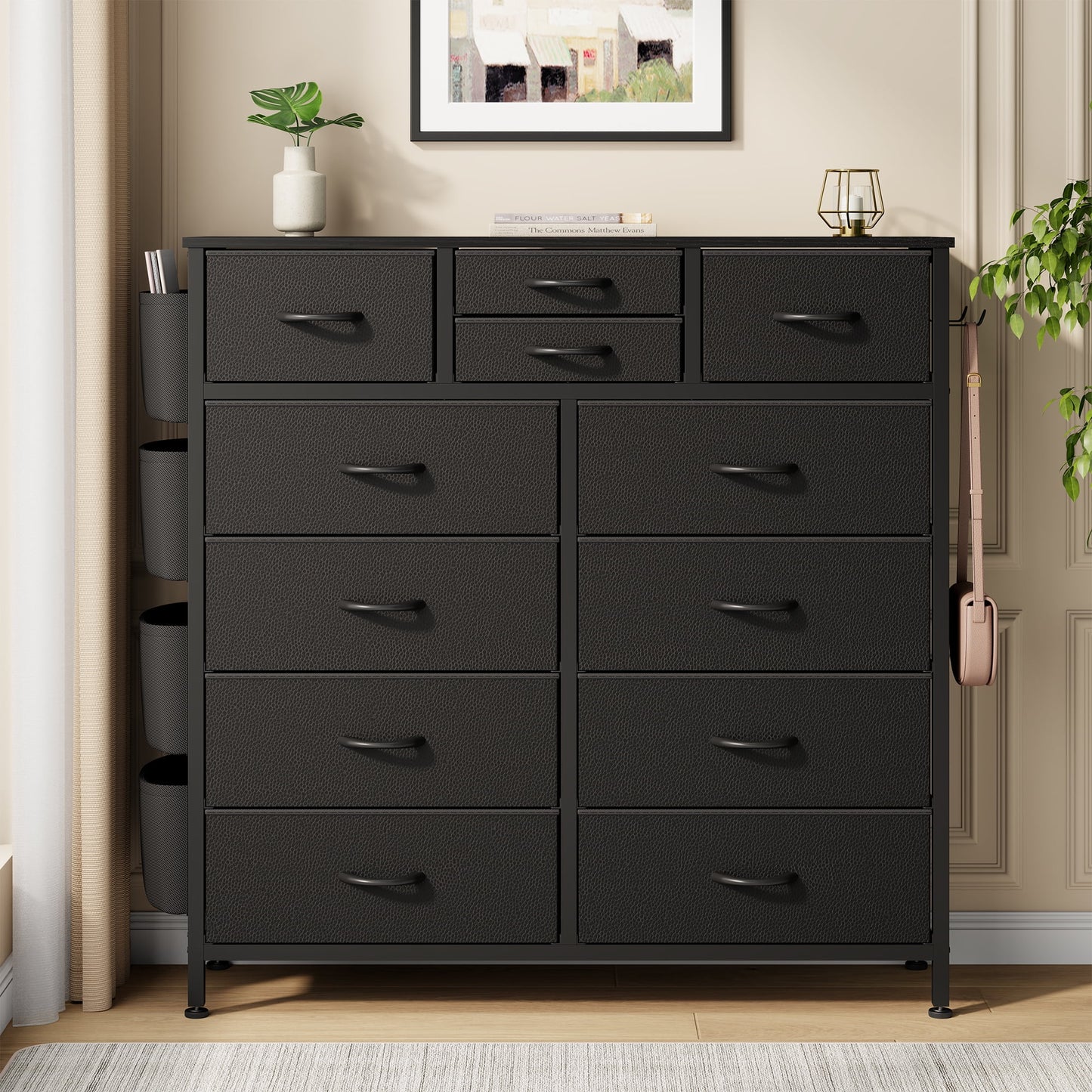 Dresser with 12 Fabric Drawer Stand Desktop Storage Cabinet for Bedroom Organization, Dorm, Front Hall Entryway, Black PU