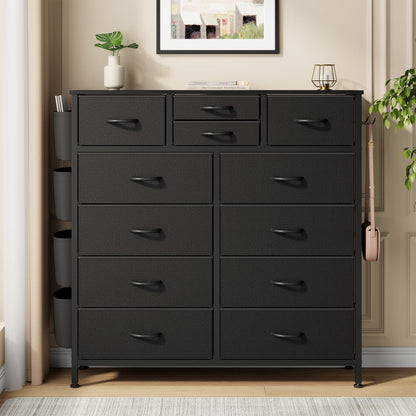 Dresser with 12 Fabric Drawer Stand Desktop Storage Cabinet for Bedroom Organization, Dorm, Front Hall Entryway, Black PU