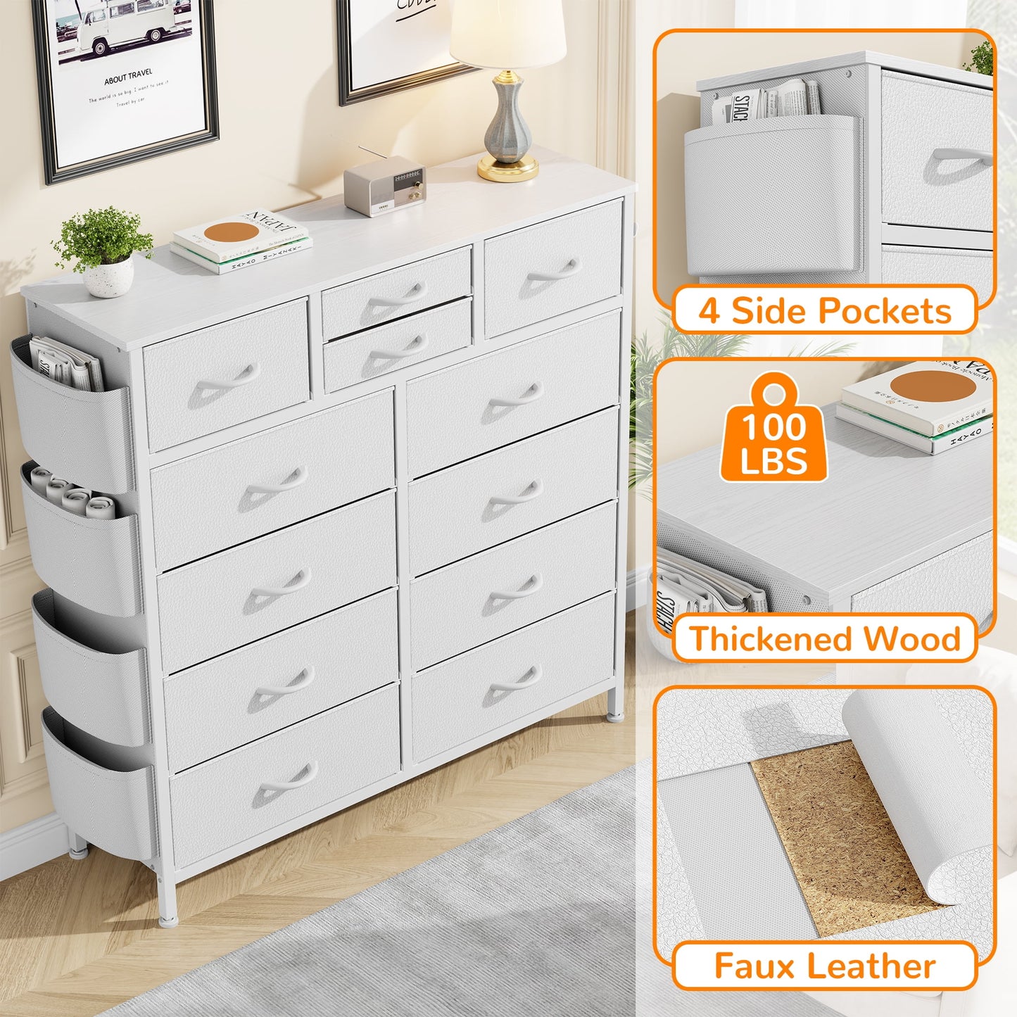 LainTene Fabric Dresser with 12 Drawers Dresser for Bedroom Chests of Drawers Storage Tower for Living Room, White
