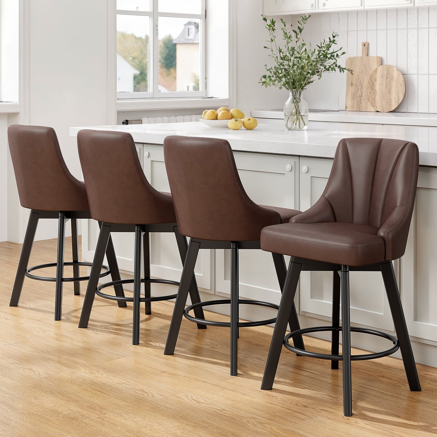 LainTene 24" Counter Height Swivel Bar Stools Set of 4, PU Leather Upholstered Counter Barstools with Solid Wood Legs and Backs for Kitchen Island, Home Bar