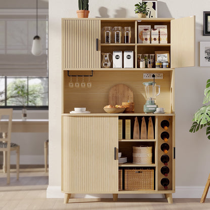 Laintene Kitchen Pantry Cabinet with Wine Rack, Storage Cabinet with Tambour Sliding Doors, Bar Cabinet with Glass Holder, Pantry Storage for Living Room, Kitchen, Entryway, Natural Oak