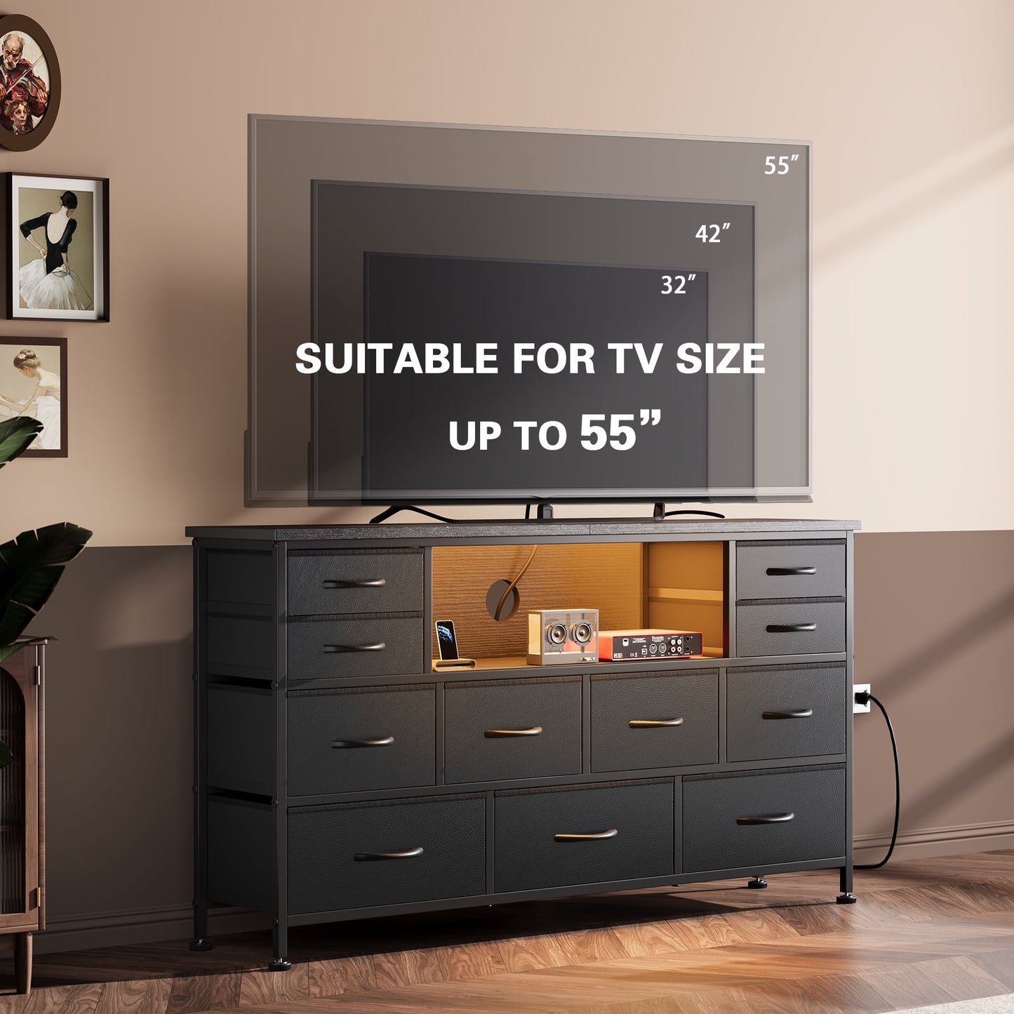 Laintene TV Stand 60 inch, Dresser for Bedroom with LED Lights Power Outlets, 11 Drawer Dresser TV Stands for Living Room, Fabric Chest of Drawers, PU Black