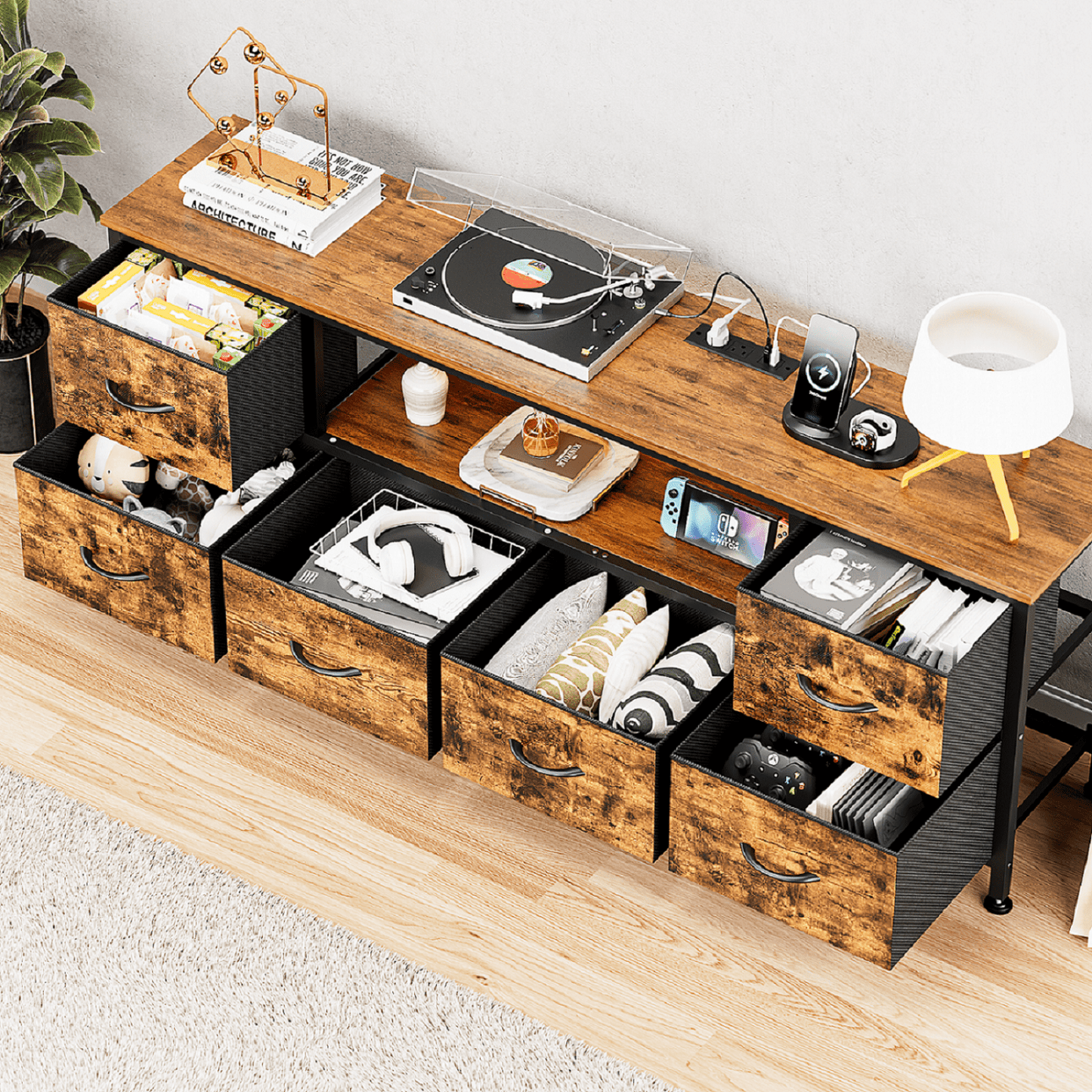 TV Stand Dresser with Power Outlets and LED Lights, 6 Drawer Console for 60 Inch TV, Dresser for Bedroom, Closet, Hallway