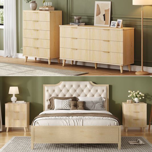 Laintene Boho Bedroom Set of 4 - 6 Drawer Dresser, 5 Drawer Vertical Dresser & 2 Nightstands with 3 Drawers & USB Charging, Fluted Wooden Storage for Modern Bedroom, Natural