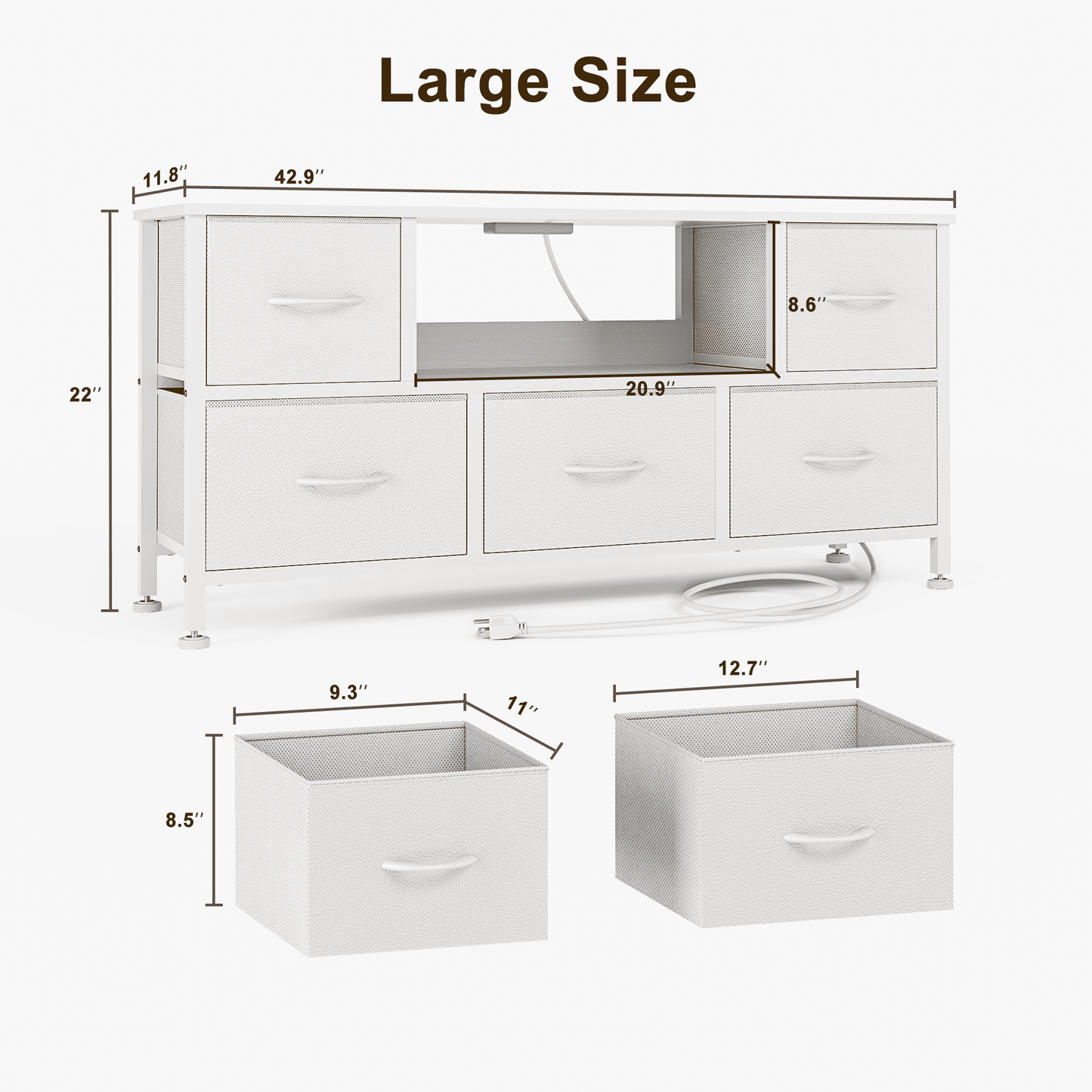 TV Stand Dresser with Power Outlets and LED Lights, 5 Drawer Console for 50 Inch TV, Dresser for Bedroom, Closet, Hallway