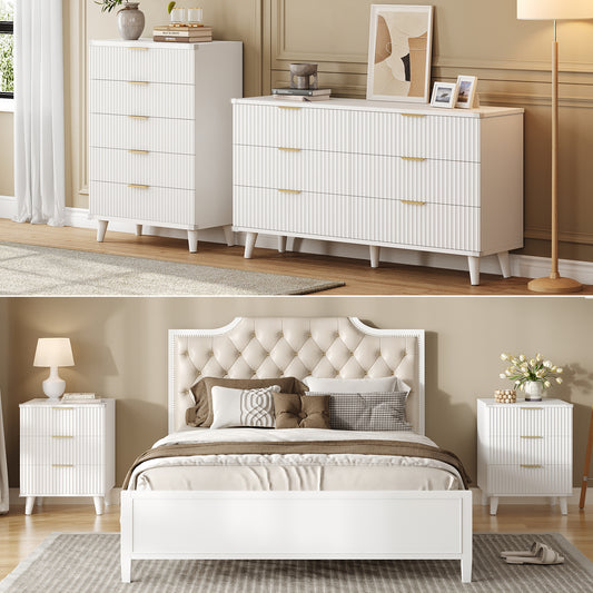 Laintene Boho Bedroom Set of 4 - 6 Drawer Dresser, 5 Drawer Vertical Dresser & 2 Nightstands with 3 Drawers & USB Charging, Fluted Wooden Storage for Modern Bedroom, White