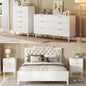 Laintene Boho Bedroom Set of 4 - 6 Drawer Dresser, 5 Drawer Vertical Dresser & 2 Nightstands with 3 Drawers & USB Charging, Fluted Wooden Storage for Modern Bedroom, White