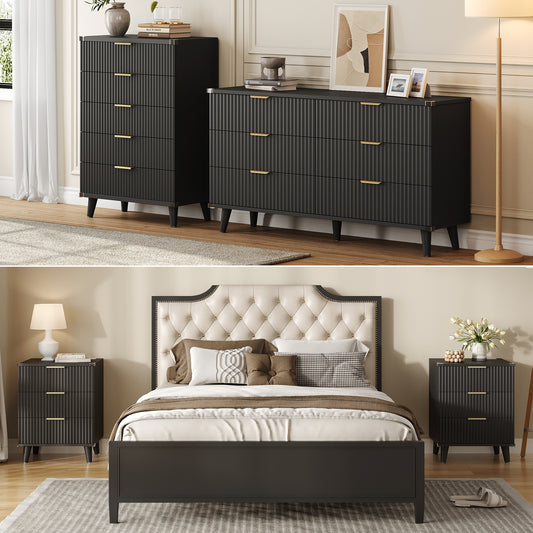 Laintene Boho Bedroom Set of 4 - 6 Drawer Dresser, 5 Drawer Vertical Dresser & 2 Nightstands with 3 Drawers & USB Charging, Fluted Wooden Storage for Modern Bedroom, Black
