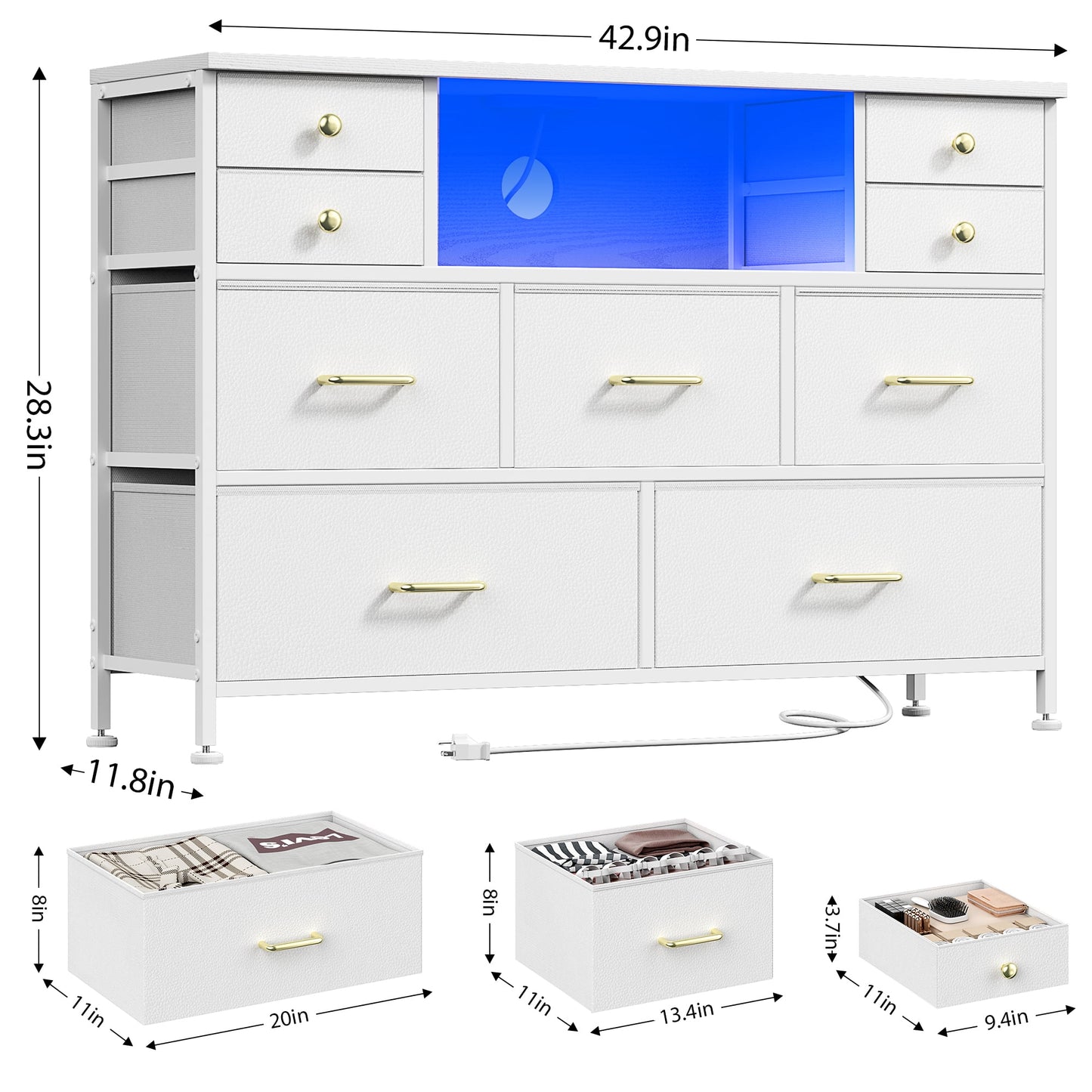 Laintene Bedroom Dresser with LED Lights, 9-Drawer Fabric Chest of Drawers, White Dresser TV Stand with Power Outlet and Side Pocket, Wide Storage Unit for up to 50" TV