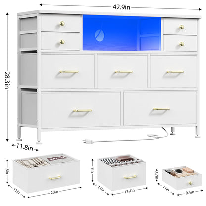 Laintene Bedroom Dresser with LED Lights, 9-Drawer Fabric Chest of Drawers, White Dresser TV Stand with Power Outlet and Side Pocket, Wide Storage Unit for up to 50" TV