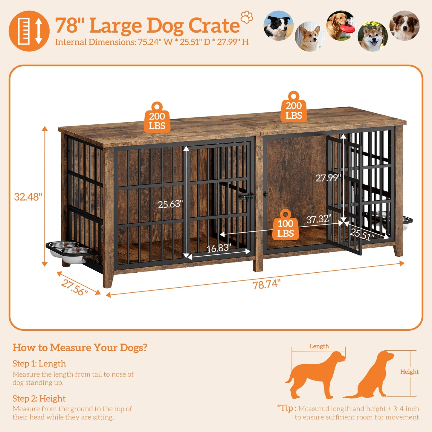 Laintene 78 Inch Dog Crate with Bowls, Heavy Duty Dog Crate Furniture for 2 Dogs, Indoor Wooden Dog Kennels for Large Dogs, Brown