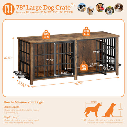 Laintene 78 Inch Dog Crate with Bowls, Heavy Duty Dog Crate Furniture for 2 Dogs, Indoor Wooden Dog Kennels for Large Dogs, Brown