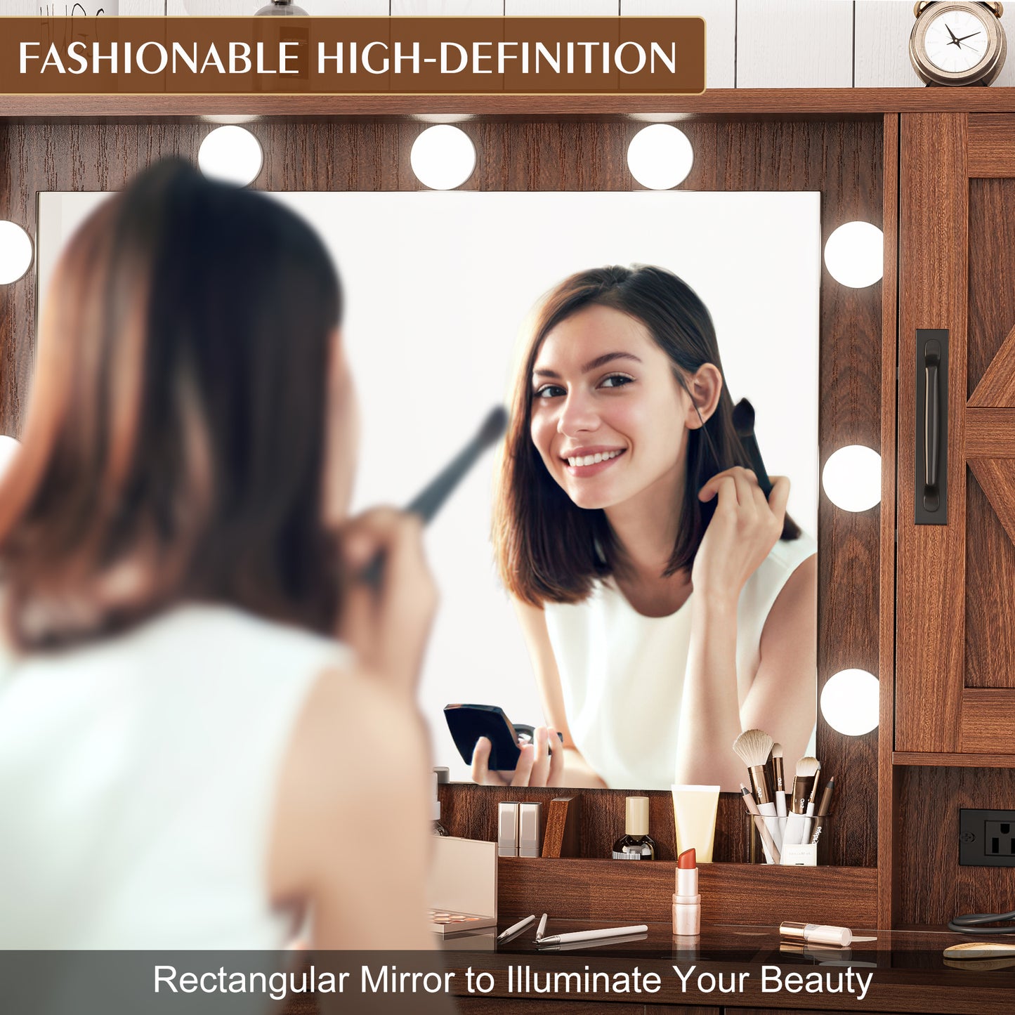 LainTene Farmhouse Makeup Vanity Desk with Mirror and Lights, Modern Glass Tabletop Vanity Table with Storage Shelves & Drawers for Bedroom, Brown
