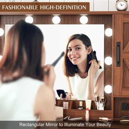 LainTene Farmhouse Makeup Vanity Desk with Mirror and Lights, Modern Glass Tabletop Vanity Table with Storage Shelves & Drawers for Bedroom, Brown