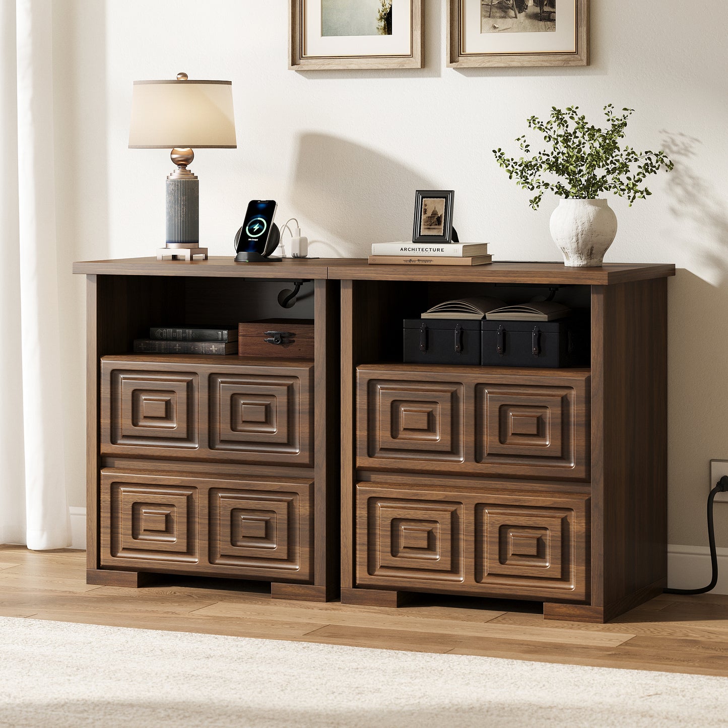 Laintene Nightstand Set of 2, Farmhouse Bedside Tables with Charging Station, Wood Nightstands with Open Shelf for Bedroom or Living Room, Walnut