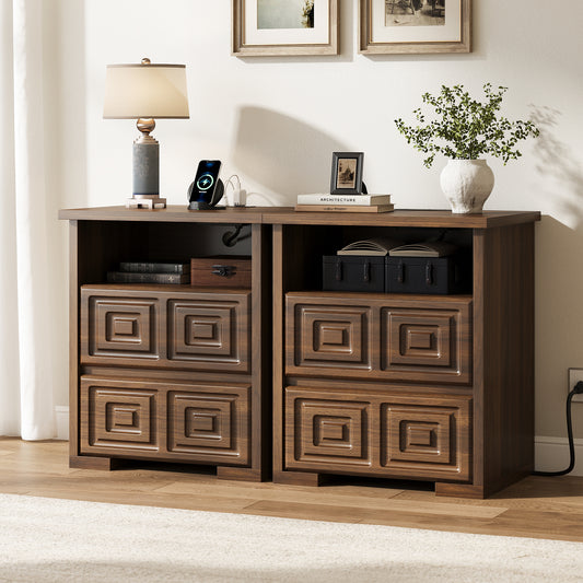 Laintene Nightstand Set of 2, Farmhouse Bedside Tables with Charging Station, Wood Nightstands with Open Shelf for Bedroom or Living Room, Walnut