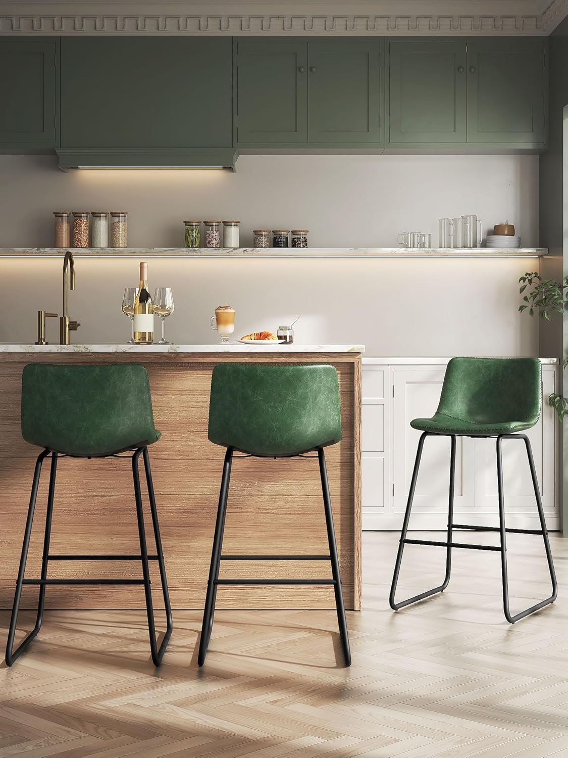 LainTene 26" Bar Stools Set of 2 – Faux Leather Counter Height Stools with Backrest & Footrest, Heavy-Duty Metal Frame for Kitchen, Bar, Living Room, Green