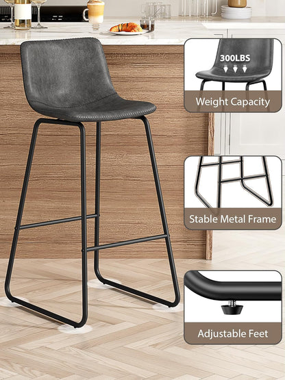 LainTene 30" Bar Stools Set of 2 – Faux Leather Counter Height Stools with Backrest & Footrest, Heavy-Duty Metal Frame for Kitchen, Bar, Living Room, Gray