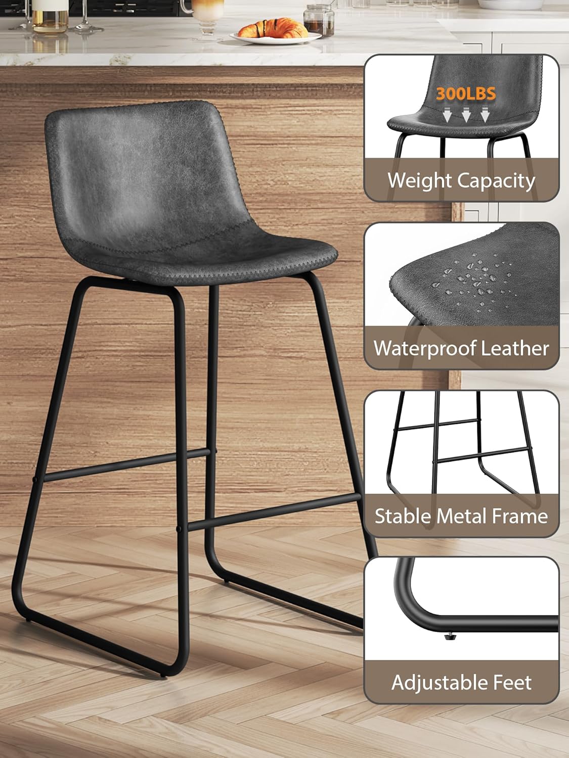 LainTene 26" Bar Stools Set of 3 – Faux Leather Counter Height Stools with Backrest & Footrest, Heavy-Duty Metal Frame for Kitchen, Bar, Living Room, Gray