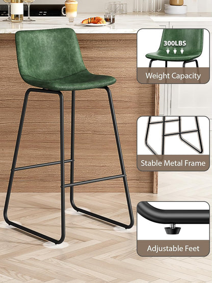 LainTene 30" Bar Stools Set of 3 – Faux Leather Counter Height Stools with Backrest & Footrest, Heavy-Duty Metal Frame for Kitchen, Bar, Living Room, Green
