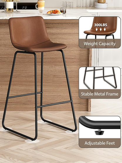 LainTene 30" Bar Stools Set of 3 – Faux Leather Counter Height Stools with Backrest & Footrest, Heavy-Duty Metal Frame for Kitchen, Bar, Living Room, Dark Brown