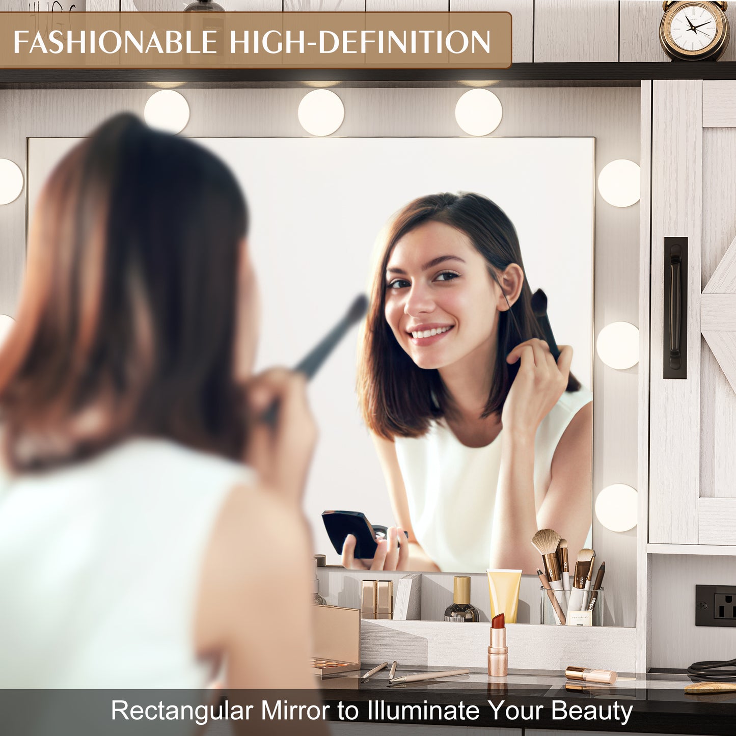 LainTene Farmhouse Vanity Desk with LED Mirror & Charging Station – Makeup Vanity Set with Glass Top, 2 Drawers & Storage Shelves, Rustic White Dressing Table