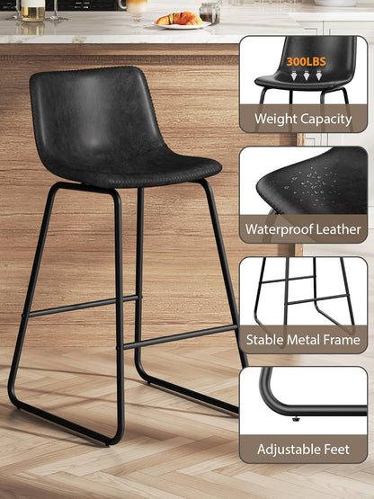 LainTene 26" Bar Stools Set of 3 – Faux Leather Counter Height Stools with Backrest & Footrest, Heavy-Duty Metal Frame for Kitchen, Bar, Living Room, Black