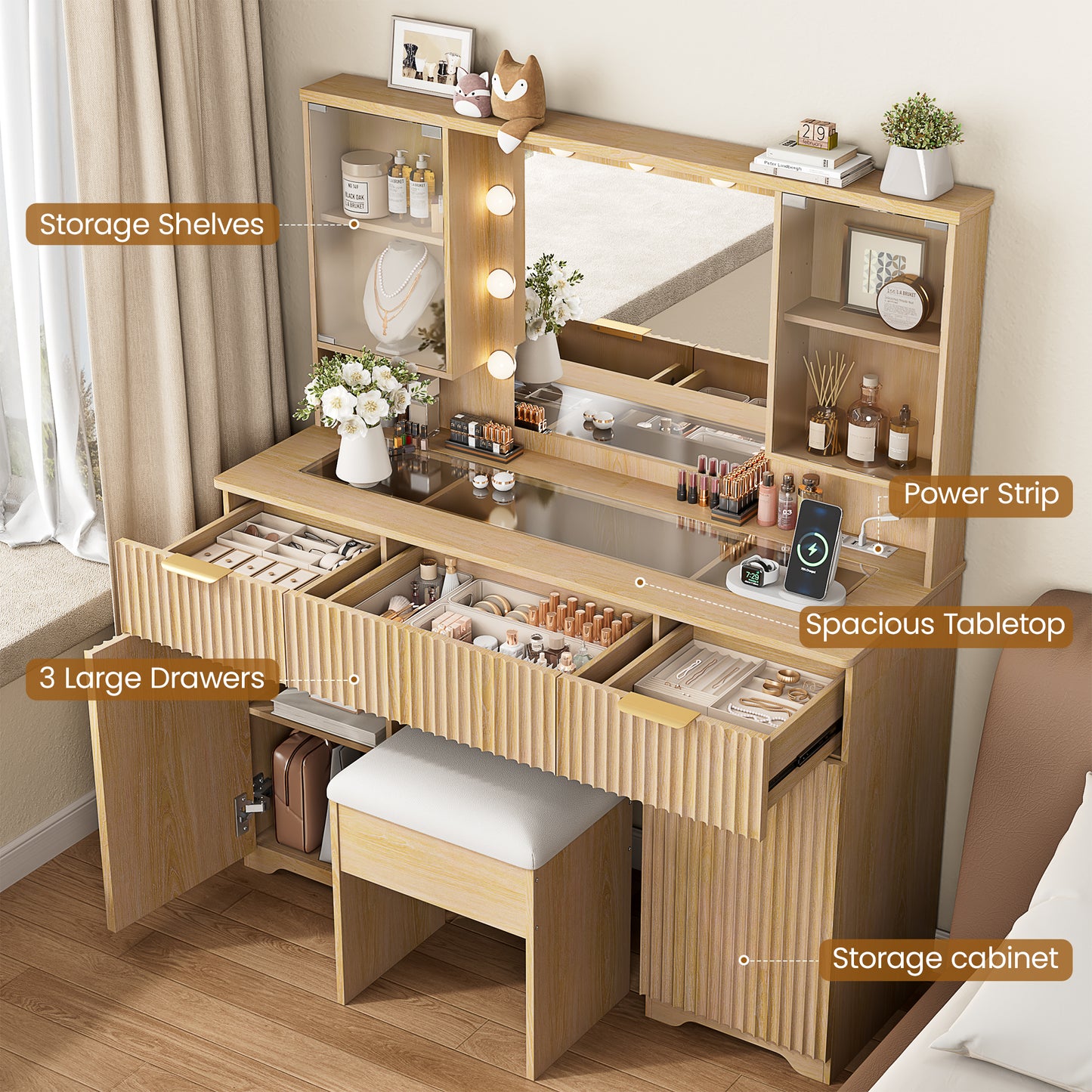 LainTene Vanity Set with Stool, Makeup Vanity Table with Lights and Mirror, Vanity Desk with 3 Drawers & 2 Large Storage Cabinets and Charging Station for Bedroom