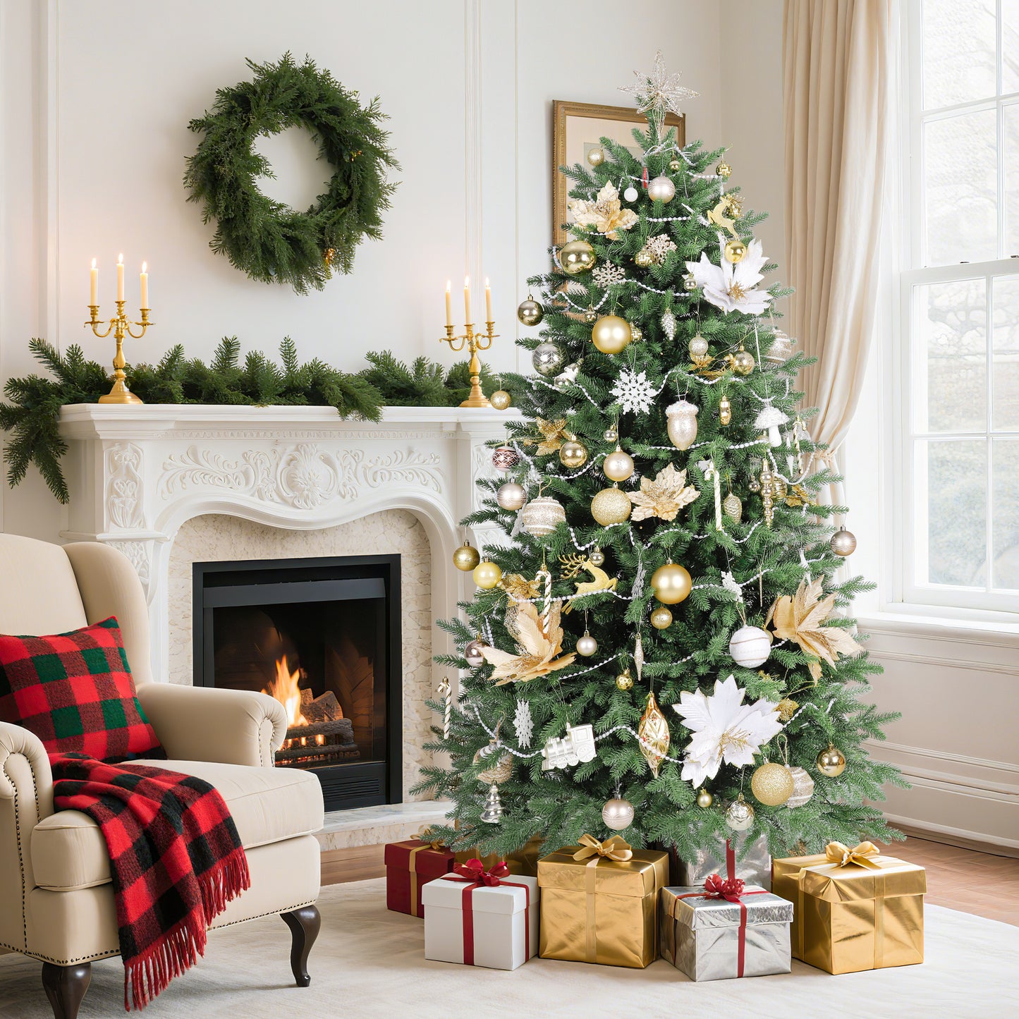 Laintene 6FT Pre-Lit Premium PE+PVC Christmas Tree | 400 Warm White LED Lights, 2085 Realistic Tips, Hinged Design with Storage Bag & Metal Stand