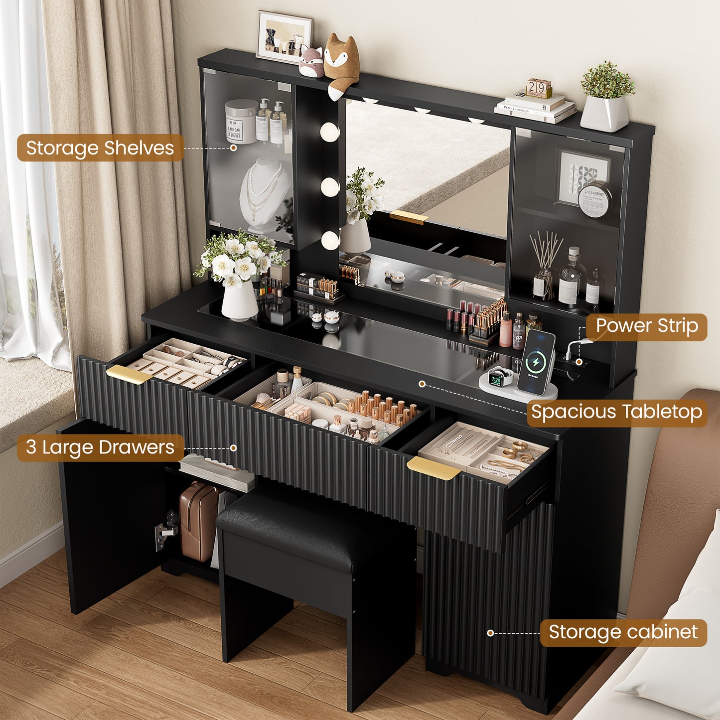 LainTene Vanity Set with Stool, Makeup Vanity Table with Lights and Mirror, Vanity Desk with 3 Drawers & 2 Large Storage Cabinets and Charging Station for Bedroom