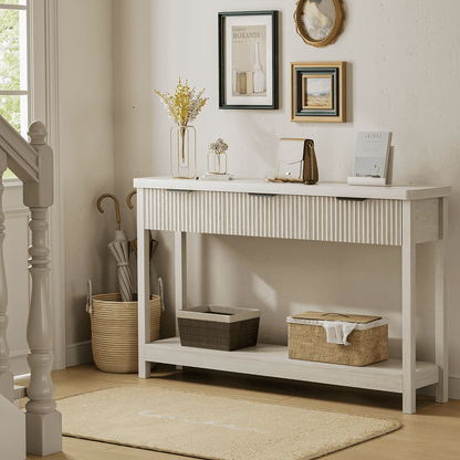Laintene Fluted Console Table, 51" Narrow Entryway Table with 3 Drawers, Console Table Sofa Table with Storage Open Shelf, Modern Display Shelf for Hallway Living Room, White Oak