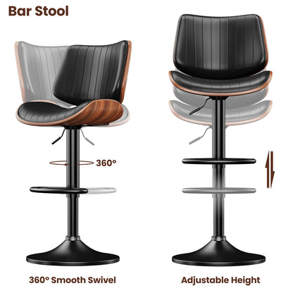 LainTene Set of 2 Swivel Bar Stools with Bentwood Back, Adjustable PU Leather Bar Chairs for Kitchen Island, Counter or Dining Room, Black