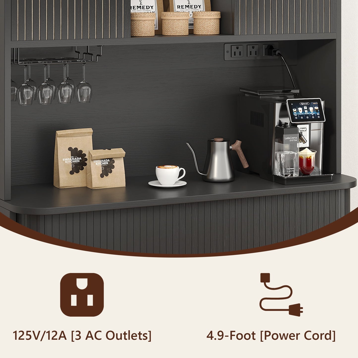 Laintene Kitchen Pantry Cabinet with Wine Rack, Storage Cabinet with Tambour Sliding Doors, Bar Cabinet with Glass Holder, Pantry Storage for Living Room, Kitchen, Entryway, Black