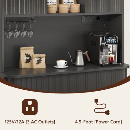 Laintene Kitchen Pantry Cabinet with Wine Rack, Storage Cabinet with Tambour Sliding Doors, Bar Cabinet with Glass Holder, Pantry Storage for Living Room, Kitchen, Entryway, Black