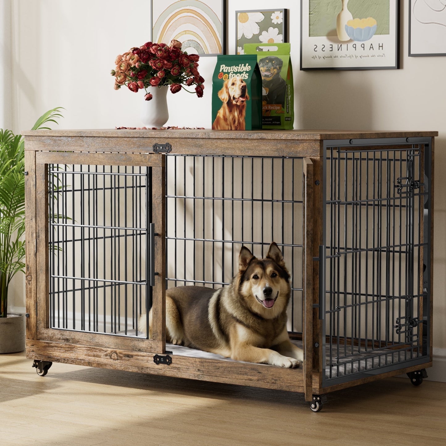 Laintene Dog Crate Furniture, Indoor Dog Kennels with Wheels and Pads, Pet House for XL Dogs, Gray