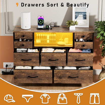 Laintene Bedroom Dresser with LED Lights, 9-Drawer Fabric Chest of Drawers, Dresser TV Stand with Power Outlet and Side Pocket, Wide Storage Unit for up to 50" TV, Brown