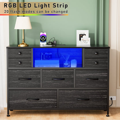 Laintene Bedroom Dresser with LED Lights, 9-Drawer Fabric Chest of Drawers, Black Dresser TV Stand with Power Outlet and Side Pocket, Wide Storage Unit for up to 50" TV