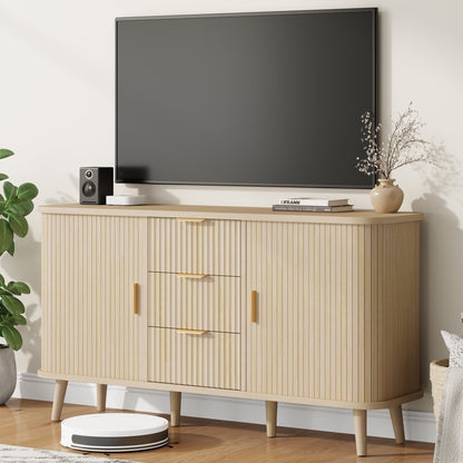 Laintene Sideboard with 3 Drawer, 55" Buffet Cabinet with 2 Sliding Tambour Doors, Modern Fluted Storage Cabinet for Kitchen, Living Room, Hallway, Natural Oak