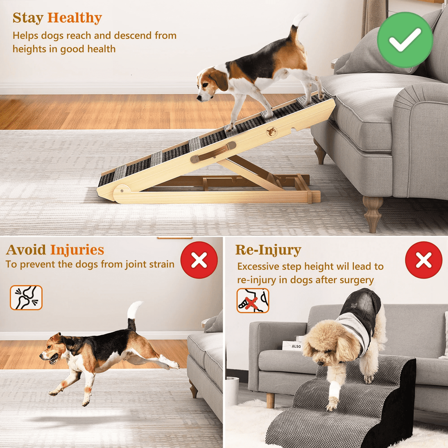 Laintene Dog Ramp for Bed, Wooden Adjustable Pet Ramp for Dogs and Cats, 7 Adjustable Height for 10.8" to 26.6", Portable Dog Ramp for Couch, Car
