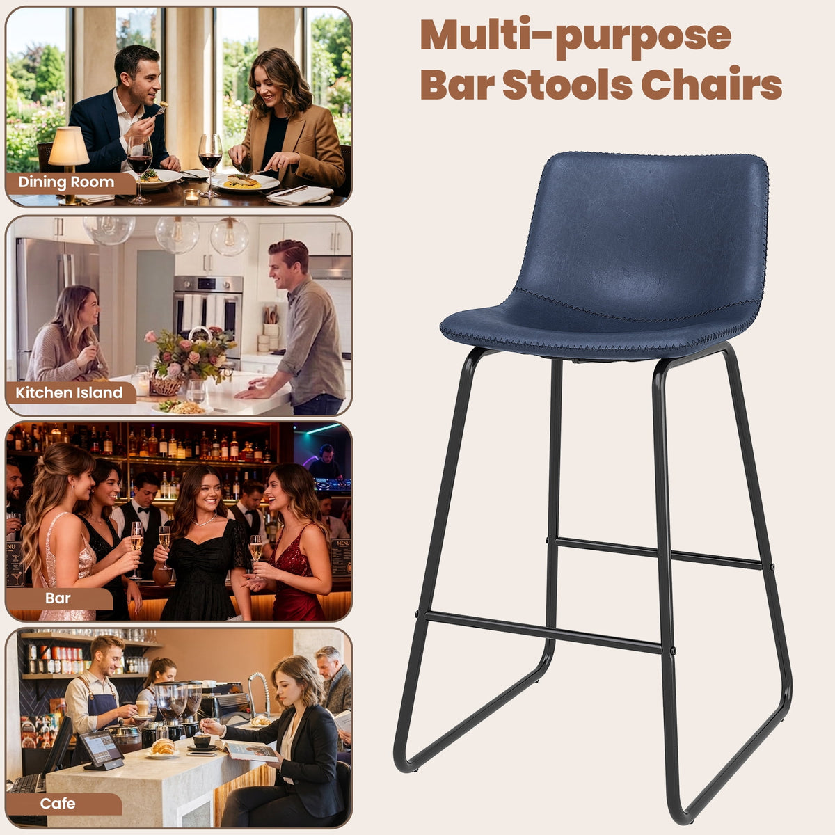 LainTene 26" Bar Stools Set of 3 – Faux Leather Counter Height Stools with Backrest & Footrest, Heavy-Duty Metal Frame for Kitchen, Bar, Living Room, Blue
