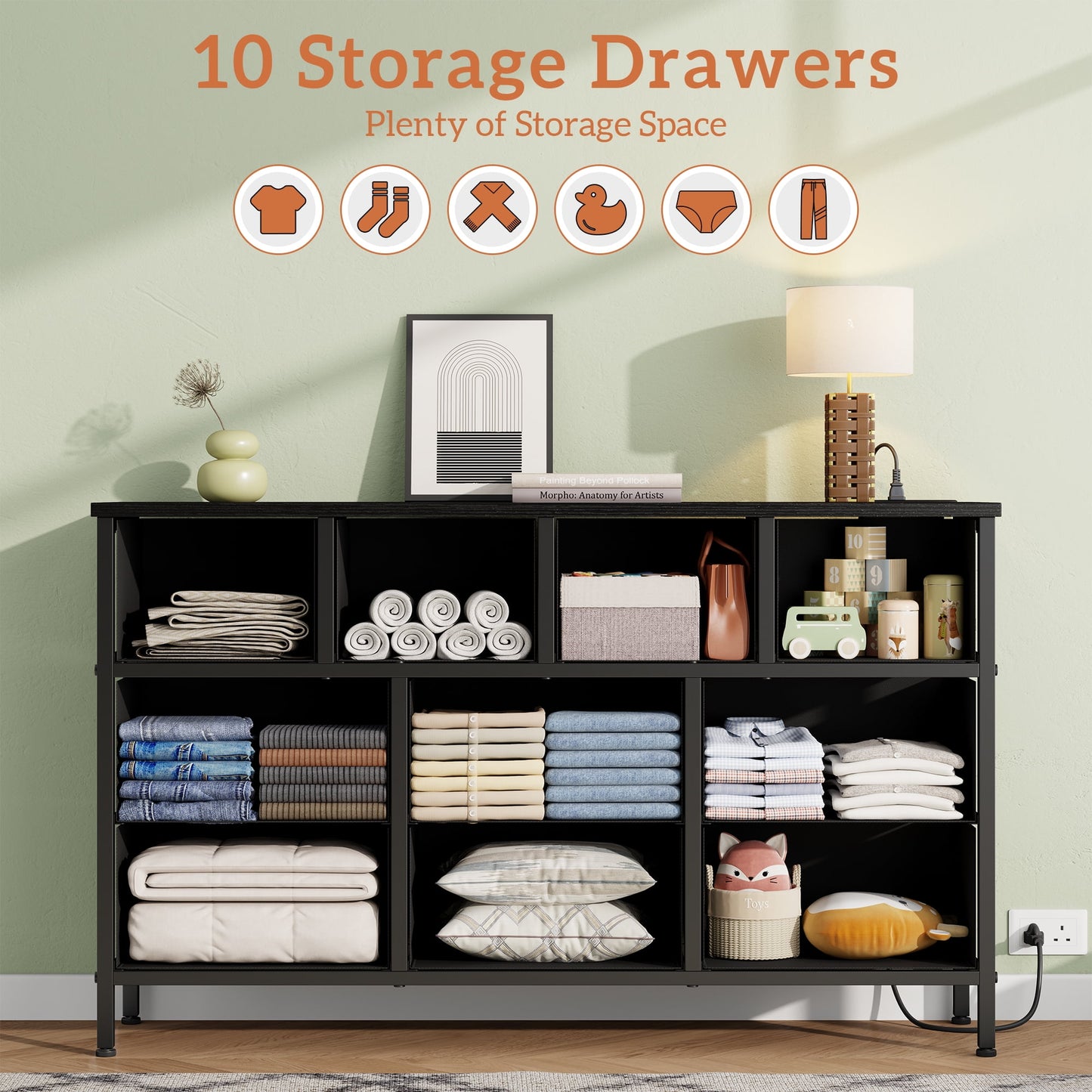 Laintene Dresser for Bedroom, TV Stand for 50" Long TV with Power Outlet, 10 Drawer Dresser for Closet, Fabric Chest of Drawers Entertainment Center for Living Room, Hallway, Entryway, Black