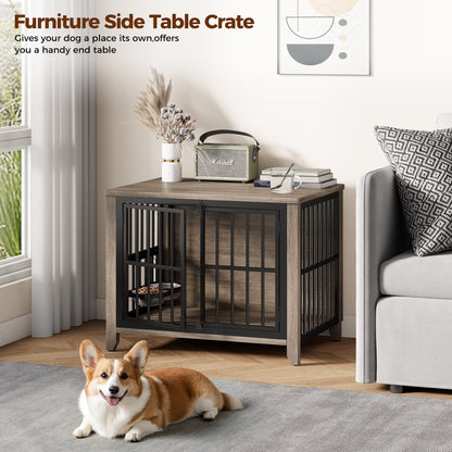 Laintene Dog Crate with Bowls, Heavy Duty Wooden Dog Crate Furniture, 31" Indoor Dog Kennels for Small/Medium Dogs, Gray