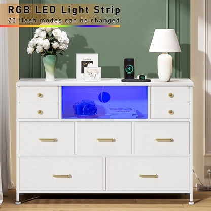 Laintene Bedroom Dresser with LED Lights, 9-Drawer Fabric Chest of Drawers, White Dresser TV Stand with Power Outlet and Side Pocket, Wide Storage Unit for up to 50" TV