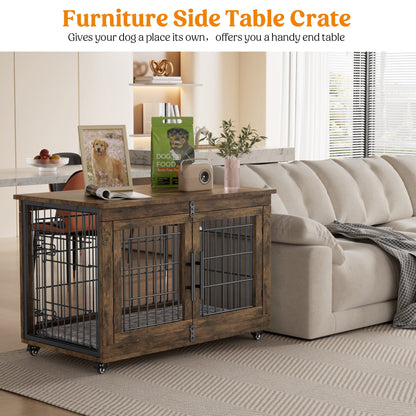 Laintene Dog Crate Furniture, Dog Kennels for Inside with Pads and Wheels, Heavy Duty Pet House for Medium to Large Dogs, Browm