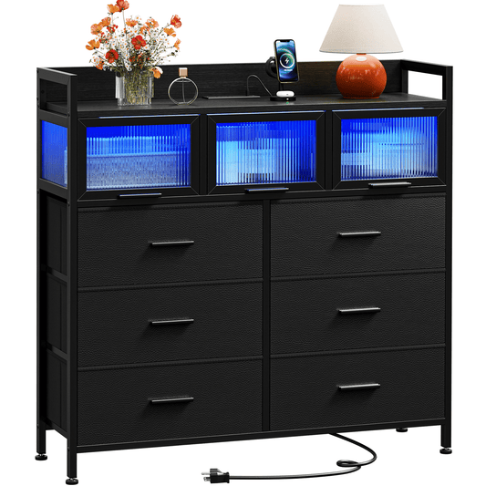 6 Drawer Dresser with Acrylic Clear Drawer Covers, LED Lights and Charging Station, Modern Chest for Bedroom and Living Room,Black